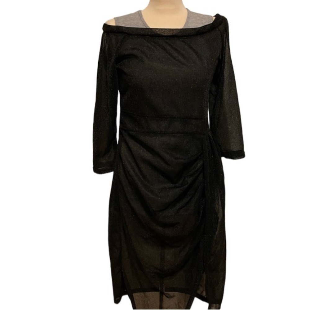 Off the Shoulder Black Shimmer See Through Ruched Dress Size Small